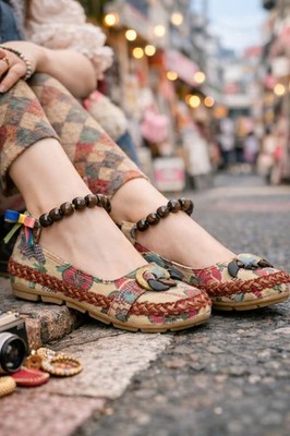 Xiruyi Floral Canvas Beaded Ankle Strap Ballet Flats Womens 9 Boho Art NWOB 