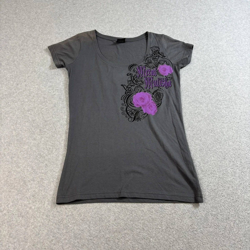 Camisa feminina de metal mulisha pequena cinza rosas caveira gótica floral grunge Y2K LEIA - Imagem 2 de 4