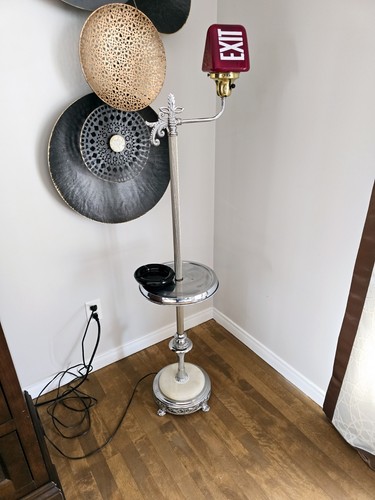 Vtg Art Deco Chrome Floor Ashtray Table Cigar Smoking Slag Glass EXIT LIGHT Sign