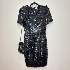 VTG 90s Black Paillette Sequin Party Dress + Bag Set Women 4 Disco Glam Cocktail