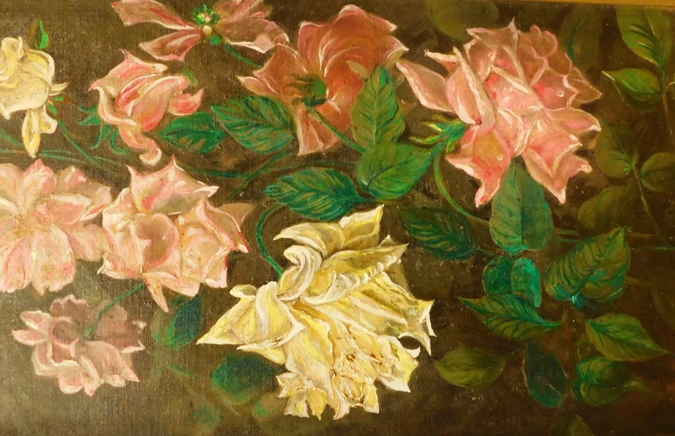 Antique Early 20th C. still life Oil Painting RARE Art Nouveau Roses 25 X 15 in - Image 3 of 4