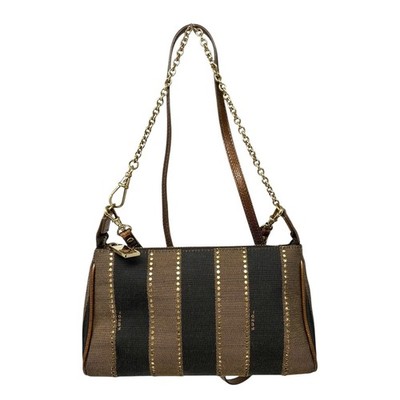 FENDI Vintage Logo Striped Canvas Shoulder Crossbody Bag Brown