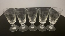  5 x Vintage / Antique Etched Sherry / Port Glasses VGC