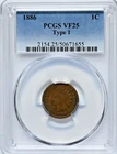 1886 1C Indian Head Cent PCGS Graded VF25 Type 1 Coin #2154