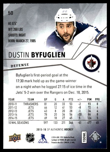 Tarjeta de hockey 2015-16 SP auténtica #50 Dustin Byfuglien Winnipeg Jets - Imagen 2 de 2