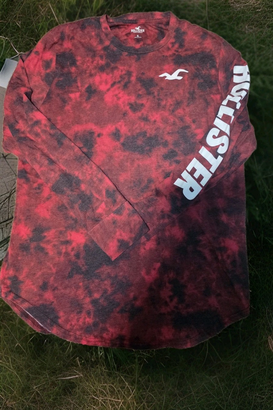 Hollister Men's Long Sleeve T-Shirt Red Tye Dye Crew Neck Sz XL