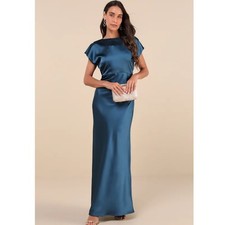 Lulus Captivating Presence Dark Teal Blue Satin Cowl Back Formal Maxi Dress L