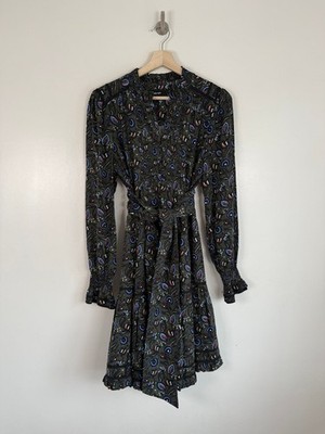 ME+EM Kleid Gr. UK 12 grün kurz Paisley Gürtel gesmokt langarm geblümt