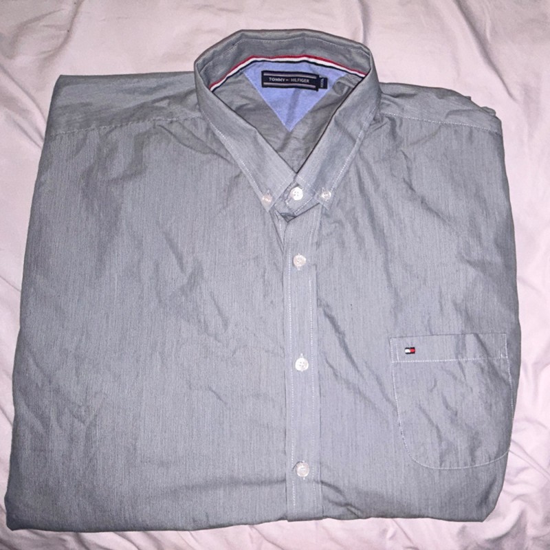 Tommy Hilfiger Men's 3XL Big & Tall Gray Striped Button-Down Cotton Shirt