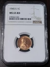 1945 S Lincoln Unc Wheat Cent One Penny Graded NGC MS65 RD San Francisco Mint