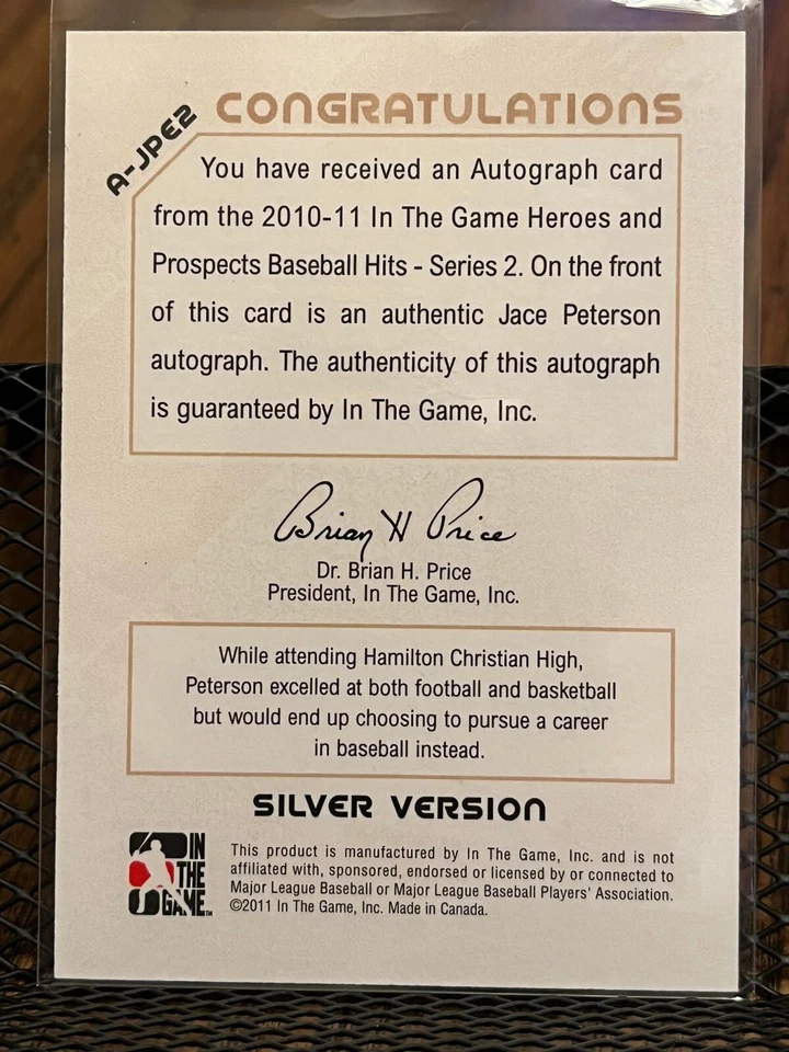 JACE PETERSON 2011 IN THE GAME ITG HEROES AND PROSPECTS ROOKIE AUTOGRAPH AUTO RC - Image 2 of 2