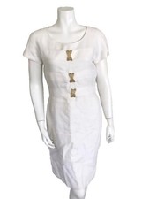 Genny White Linen Gold Rhinestone Sheath Short Sleeve Dress Size 10