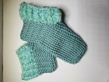 Handmade Women's Crocheted Slippers, Seafoam w/ lite seafoam Trim, Size L 9-11