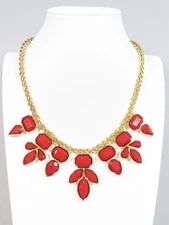 Charming Charlie Gold Tone Red Acrylic Statement Necklace 18.5 in