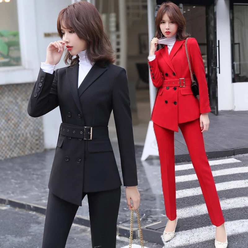  Women Pant Suit with Belt Red White Black Two Pieces