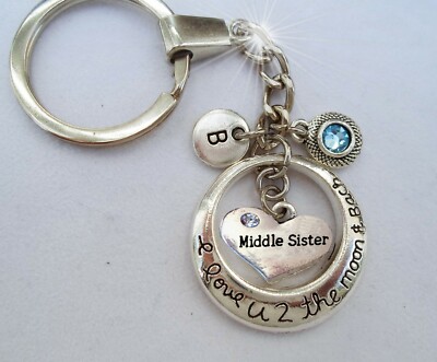 Middle Sister I Love U 2 the Moon and Back Keychain w-Birthstone & Letter Charm