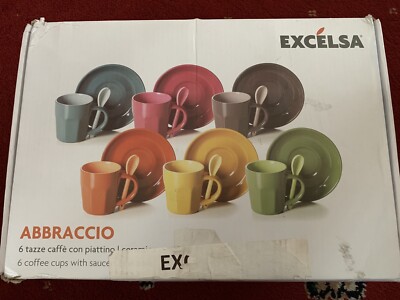 UVP £69 Excelsa 6 Abbraccio Kaffeetasse und Untertasse mit Löffel (3 LÖFFEL FEHLEN)