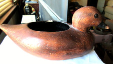 VINTAGE CERAMIC HOLLOW BROWN DUCK PLANTER, MADE IN USA, **SMALL CHIP**, USED