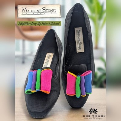 Madeline Stuart Carmen 6.5M Black Ballerina Flats Multicolor Bow Fabric Upper