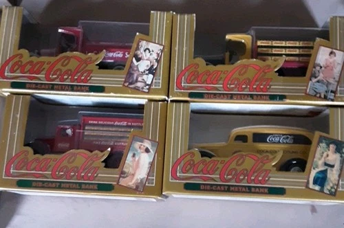 Lot Of 4 Coca Cola Die-Cast Metal Banks Vintage Cats/Trucks