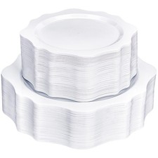 100 PCS White Disposable Plates for 50 Guests, Scalloped Plastic Plates Inclu...
