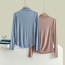 Womens Silk Knitted High Neck T Shirt Undershirt Long Sleeve Top