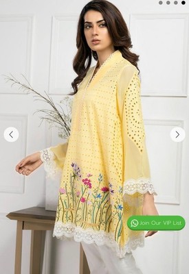 Farida Hasan WHIMSICAL GARDEN yellow embroidered eyelet shirt Pakistani S