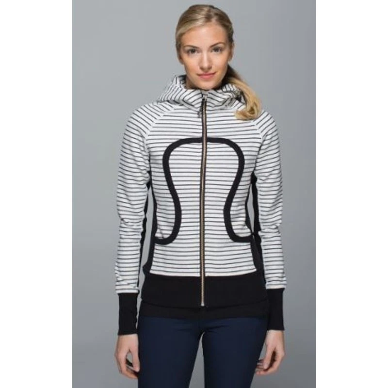 Sudadera con Capucha de Buceo Lululemon Talla 6 Rayas Paralelas Jaspeada Blanca Negra Cremallera Completa Foto 3 de 4