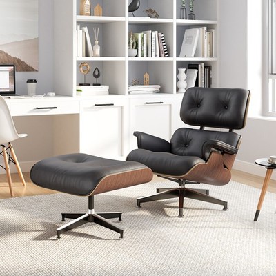Vintage Tall Eames Lounge Chair and Ottoman Swivel Armchair Real Leather Walnut