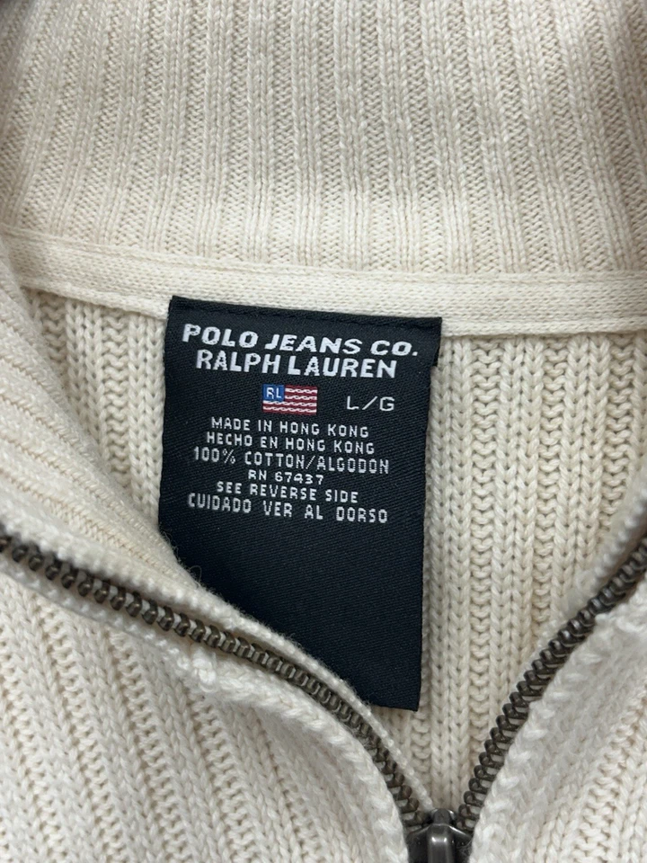 Suéter masculino vintage Polo Jeans Co Ralph Lauren grande com nervuras 1/4 zíper logotipo bandeira - Imagem 4 de 4