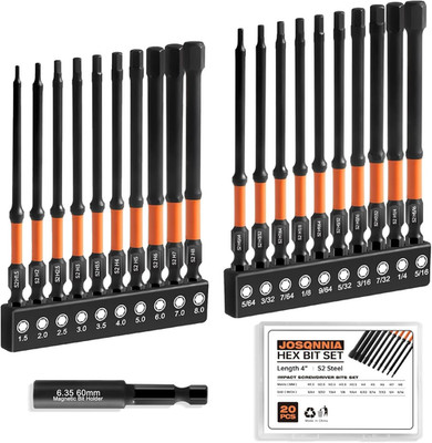Allen Wrench Drill Bit Set for Impact Drivers - 20 Piece 4'' Long Hex Bits