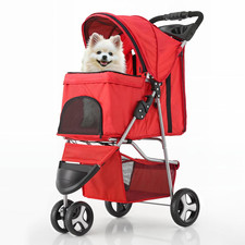 3 Wheels Pet Stroller, Foldable Puppy Cage Jogger Stroller w/ Weather Cover Red