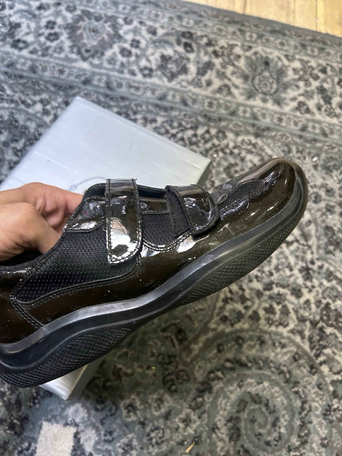 Prada Americas Cup Olive Green Patent Leather Sneakers Size 38-6 with Dual Straps