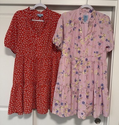 CeCe Tiered Babydoll Dresses Short Sleeve Sz Large Floral Summer Garden Party