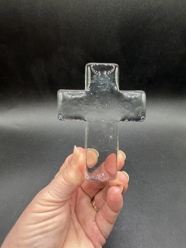 New ListingBLENKO Glass Cross Paperweight / Decorative Cross Clear Hand Blown WITH STICKER
