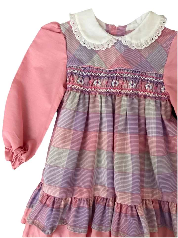 Vestido Vintage Polly Flinders Rosa Cuadros Cuello Peter Pan Calado Talla 2T Foto 2 de 4