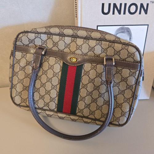 GUCCI Vintage GG Supreme Sherry Line Handbag Beige/Brown Leather #A473