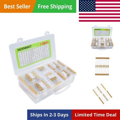 150 Values 1500 Pieces Resistor Kit 1/2W 5% 0.5 Watt Carbon Film Resistors As...