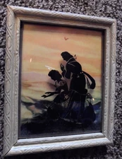 Silhouette Picture, Couple & Birds, Mountains, Curved Class, White Frame, 1940s