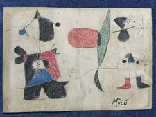 joan miro drawing and painting on old paper signed stamped vintage