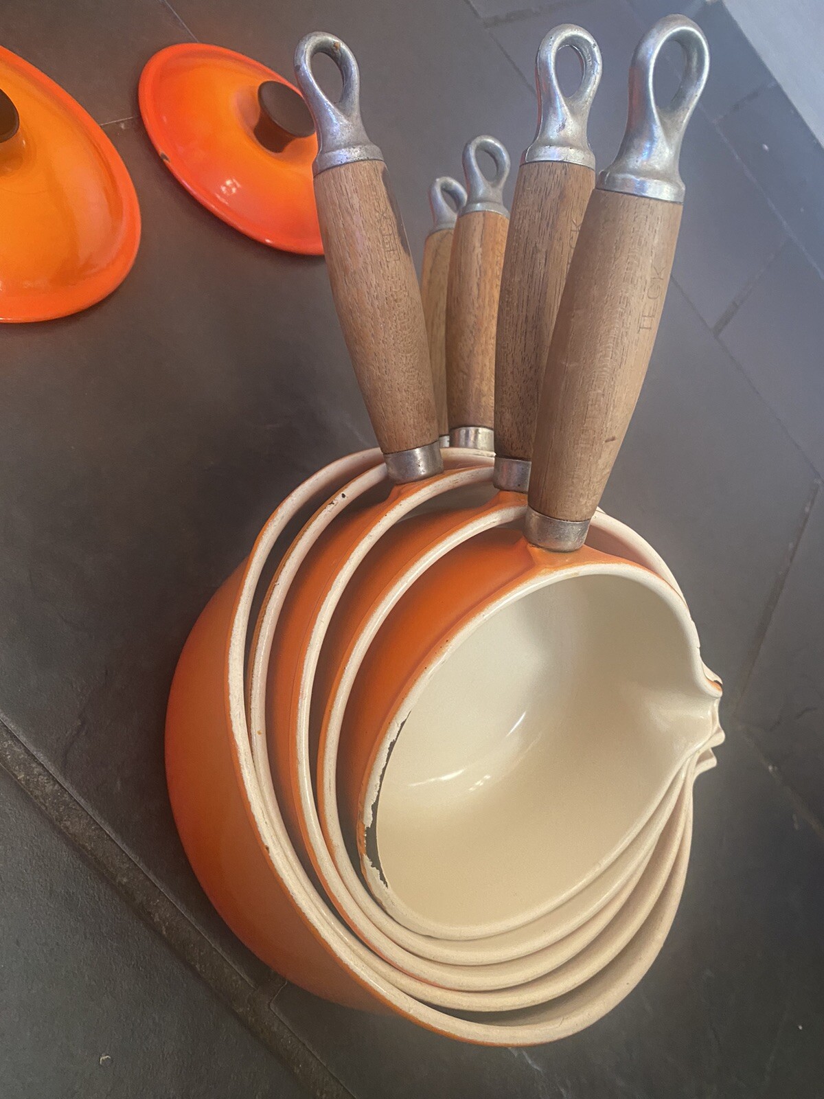 5x Le Creuset Volcanic Orange Cast Iron Saucepans Wooden Handles