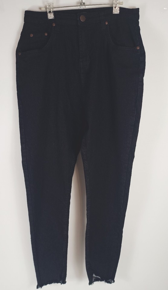 Pretty Little Thing Size 16 Black Skinny Stretch High Rise Jeans Distressed Hems
