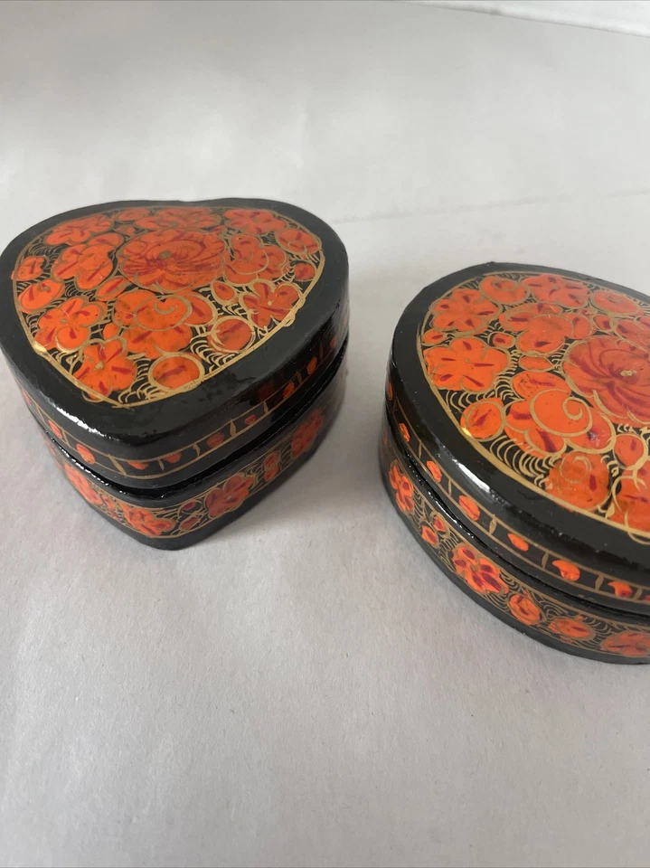 Kashmiri Trinket Boxes Lacquered Floral Paper Mache Heart Oval Set Of 2 India - Image 3 of 4