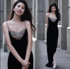 Gorgeous Sequins Diamante spaghetti strap split Gown Cocktail Evening Dresses