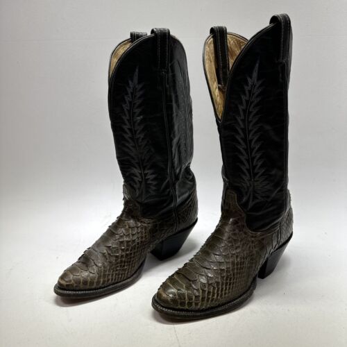 Vintage Tony Lama Cowboy Boots 8 B Exotic Python Back Cut Brown / Grey - Picture 1 of 18