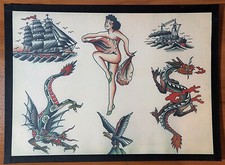 Brooklyn Joe Lieber Traditional Vintage Style Tattoo Flash Sheet 11x15" Dragon
