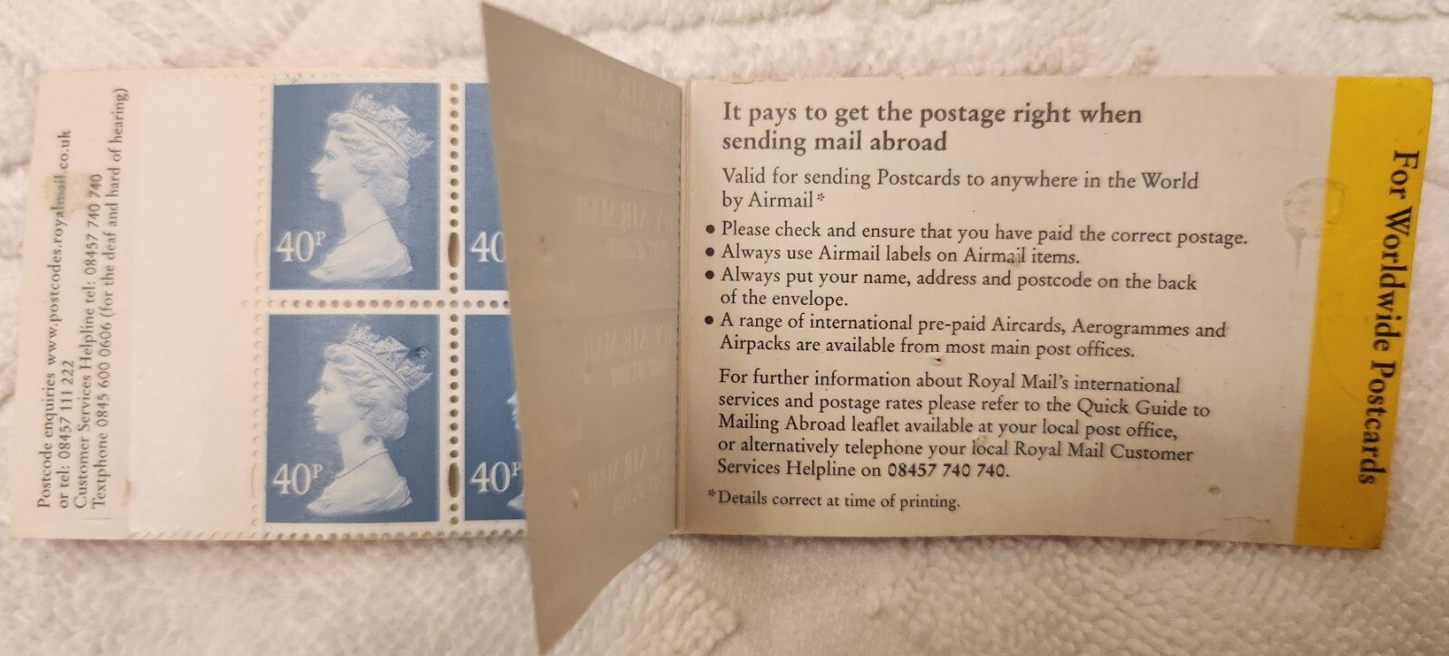 GB £1.60p Barcode Booklet (4 stamps 40p each) Worldwide Postcard