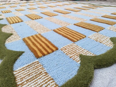 Scalloped Edge Checkered Area Rug Modern Tufted Blue and Green Carpet Home Decor