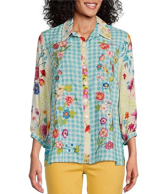 John Mark Embroidered Plaid Linen Collared Button Front Tunic Sz XL NWT $139