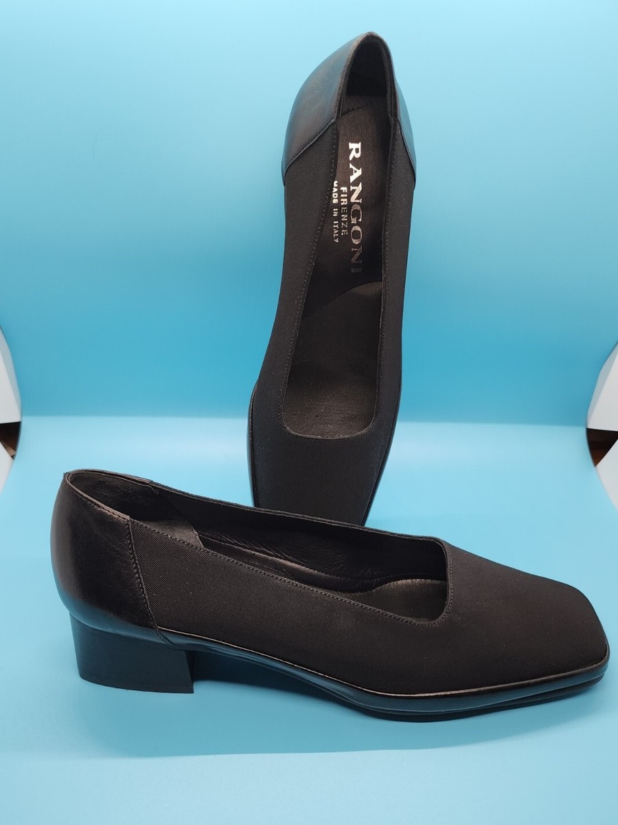 Rangoni Firenze Women's Shoes B Black Leather and Fabric Slip On Block  Heel